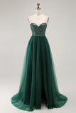 Vestido largo de fiesta sin tirantes de lentejuelas verde oscuro