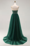 Vestido largo de fiesta sin tirantes de lentejuelas verde oscuro