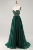 Vestido largo de fiesta sin tirantes de lentejuelas verde oscuro