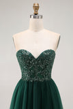 Vestido largo de fiesta sin tirantes de lentejuelas verde oscuro