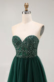 Vestido largo de fiesta sin tirantes de lentejuelas verde oscuro