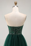 Vestido largo de fiesta sin tirantes de lentejuelas verde oscuro