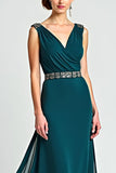 Vaina de pavo real Wrap Vestido de gasa con cuello en V de la madre de la novia con abalorios