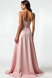 Tirantes de espagueti de rosa empolvado brillante Vestido largo de invitada de boda con cuentas