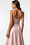 Tirantes de espagueti de rosa empolvado brillante Vestido largo de invitada de boda con cuentas