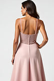Tirantes de espagueti de rosa empolvado brillante Vestido largo de invitada de boda con cuentas