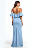 Vestido largo de invitada de boda con volante de sirena azul empolvado con hombro fuera del hombro con abertura