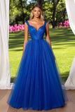 Vestido de fiesta fruncido de tul con escote en V azul real brillante