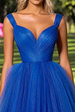 Vestido de fiesta fruncido de tul con escote en V azul real brillante