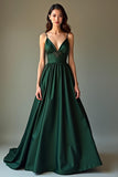 Vestido formal largo de satén con tirantes finos de línea A verde oscuro