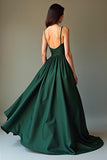 Vestido formal largo de satén con tirantes finos de línea A verde oscuro
