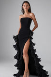 Elegante vestido formal largo negro con volantes y abertura