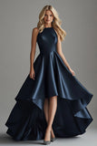 Vestido formal asimétrico de raso azul marino con volantes