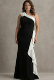 Vestido largo de sirena negra con volantes y talla grande de un hombro y flor 3D