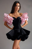 A Line Ruffles Off The Shoulder Vestido corto de corbata negra
