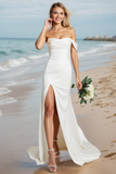 Vestido de novia de un hombro sirena blanco con abertura