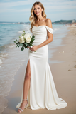 Vestido de novia de un hombro sirena blanco con abertura
