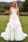 Vestido de novia fruncido marfil con volantes de una línea