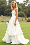 Vestido de novia de gasa A Line Ruffle Ivory con encaje