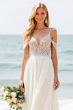 Vestido de novia de encaje de gasa con hombro frío de una línea