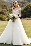 Vestido de novia de manga larga lvory A Line Lace con apliques