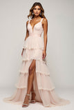 Vestido de fiesta de tul escalonado con cuello en V Candy Pink A Line