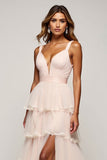 Vestido de fiesta de tul escalonado con cuello en V Candy Pink A Line