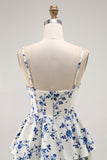 Vestido largo de baile con volantes en capas y floral azul con abertura