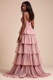 Dusty Rose Una línea de tirantes de espagueti con volantes Vestido de fiesta escalonado