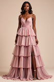 Dusty Rose Una línea de tirantes de espagueti con volantes Vestido de fiesta escalonado