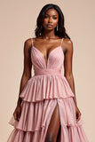 Dusty Rose Una línea de tirantes de espagueti con volantes Vestido de fiesta escalonado