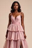 Dusty Rose Una línea de tirantes de espagueti con volantes Vestido de fiesta escalonado