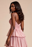 Dusty Rose Una línea de tirantes de espagueti con volantes Vestido de fiesta escalonado
