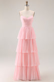 Vestido largo de dama de honor de gasa con volantes en forma de línea A rosa rubor