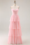 Tirantes de espagueti rosa caramelo Un vestido largo de dama de honor con volantes
