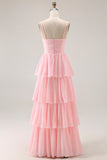 Vestido largo de dama de honor de gasa con volantes en forma de línea A rosa rubor