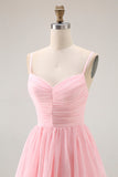 Vestido largo de dama de honor de gasa con volantes en forma de línea A rosa rubor