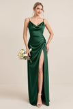 Vestido de dama de honor maxi de satén con abertura de oliva