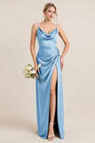 Vestido de dama de honor maxi de satén con abertura de oliva