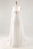 Vestido de novia largo de satén con cuello en V de sirena marfil con cola Watteau