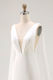 Vestido de novia largo de satén con cuello en V de sirena marfil con cola Watteau