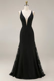 Vestido formal largo de satén sirena negra con encaje