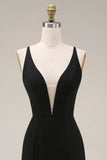Vestido formal largo de satén sirena negra con encaje