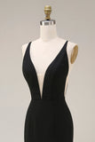 Vestido formal largo de satén sirena negra con encaje
