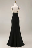 Vestido formal largo de satén sirena negra con encaje