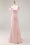 Vestido Formal Largo con Hombros Descubiertos de Sirena Rosa con Apliques