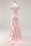 Vestido Formal Largo con Hombros Descubiertos de Sirena Rosa con Apliques