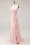 Vestido Formal Largo con Hombros Descubiertos de Sirena Rosa con Apliques