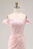 Vestido Formal Largo con Hombros Descubiertos de Sirena Rosa con Apliques