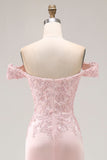 Vestido Formal Largo con Hombros Descubiertos de Sirena Rosa con Apliques